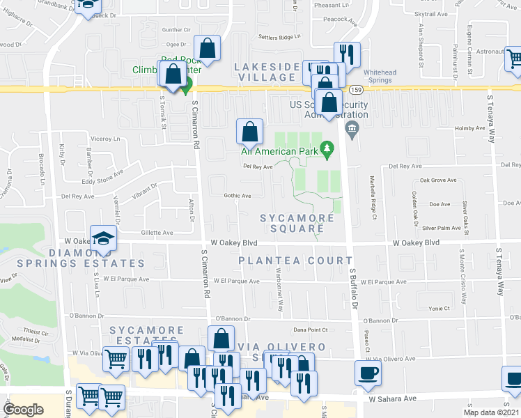 map of restaurants, bars, coffee shops, grocery stores, and more near 1621 Oval Circle in Las Vegas