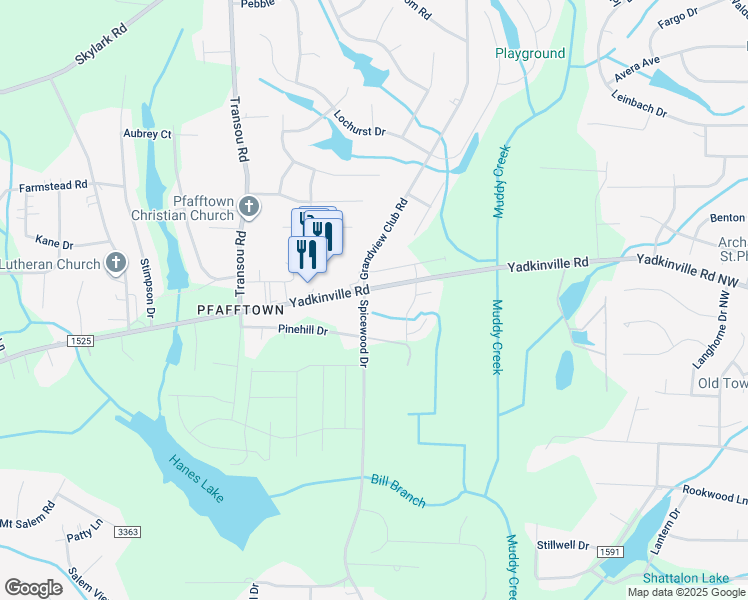 map of restaurants, bars, coffee shops, grocery stores, and more near 4540 Yadkinville Road in Winston-Salem
