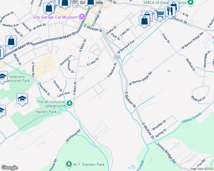 map of restaurants, bars, coffee shops, grocery stores, and more near 324 Paul Street in Greeneville