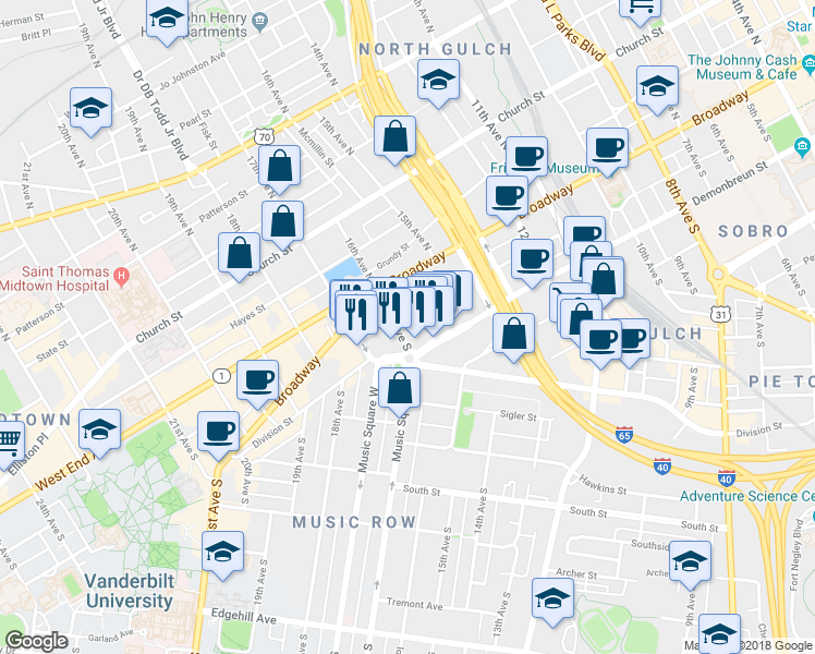 map of restaurants, bars, coffee shops, grocery stores, and more near 112 16th Avenue South in Nashville