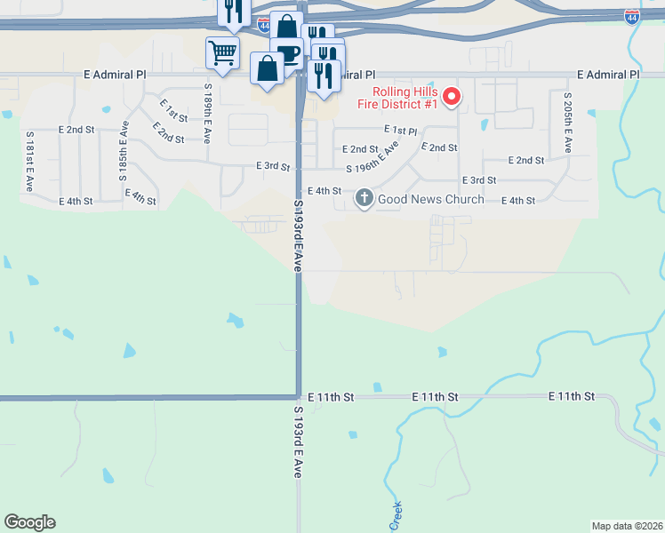 map of restaurants, bars, coffee shops, grocery stores, and more near 19399 East 6th Street in Tulsa