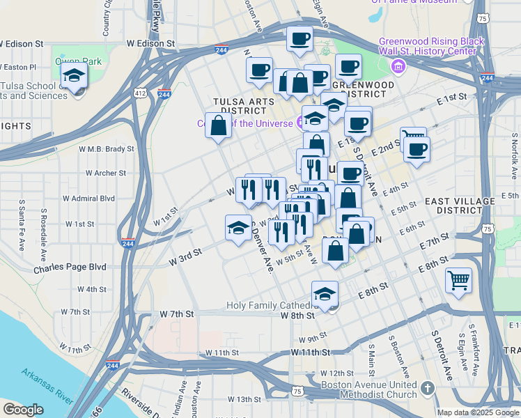 map of restaurants, bars, coffee shops, grocery stores, and more near 214 South Cheyenne Avenue in Tulsa