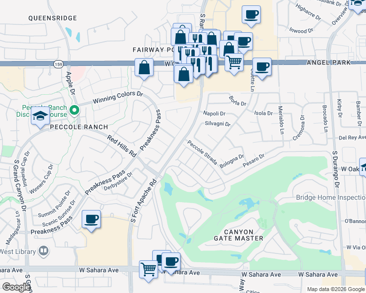 map of restaurants, bars, coffee shops, grocery stores, and more near 1601 Hidden Spring Drive in Las Vegas