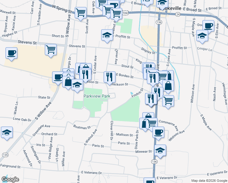 map of restaurants, bars, coffee shops, grocery stores, and more near 112 Saint James Place in Cookeville