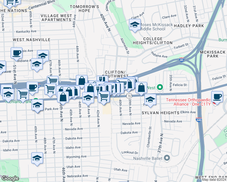 map of restaurants, bars, coffee shops, grocery stores, and more near 405 40th Avenue North in Nashville