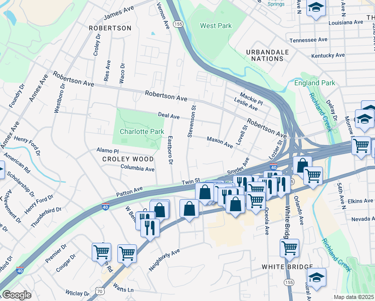 map of restaurants, bars, coffee shops, grocery stores, and more near 525B Stevenson Street in Nashville