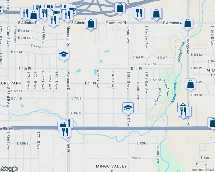 map of restaurants, bars, coffee shops, grocery stores, and more near 503 South 85th East Avenue in Tulsa