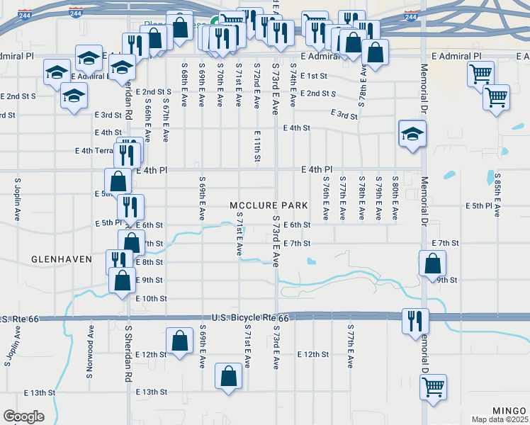 map of restaurants, bars, coffee shops, grocery stores, and more near 7132 East 5th Place in Tulsa