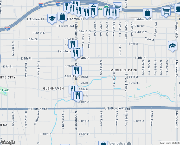 map of restaurants, bars, coffee shops, grocery stores, and more near 6546 East 5th Place in Tulsa