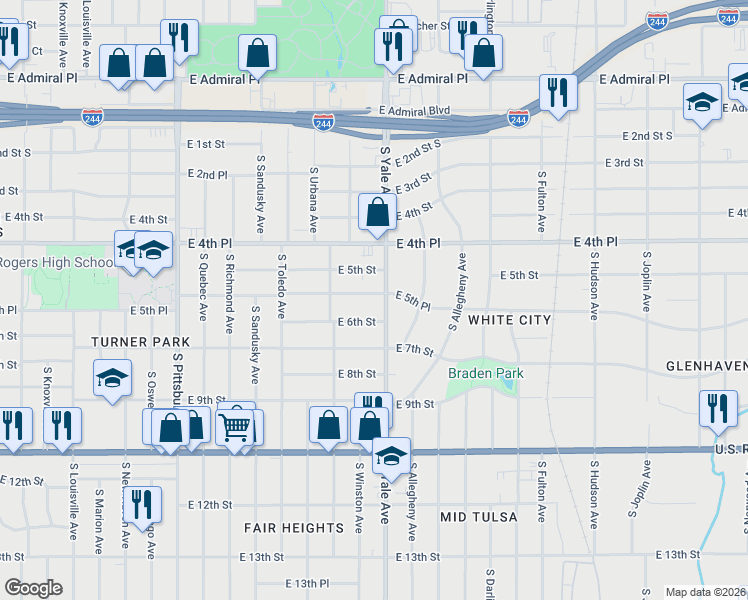 map of restaurants, bars, coffee shops, grocery stores, and more near 4732 East 5th Place in Tulsa