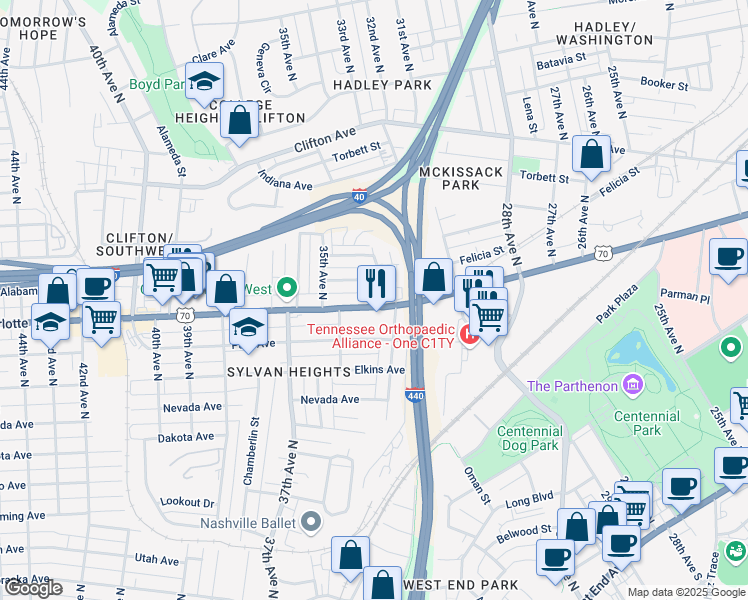 map of restaurants, bars, coffee shops, grocery stores, and more near 3302 Charlotte Avenue in Nashville