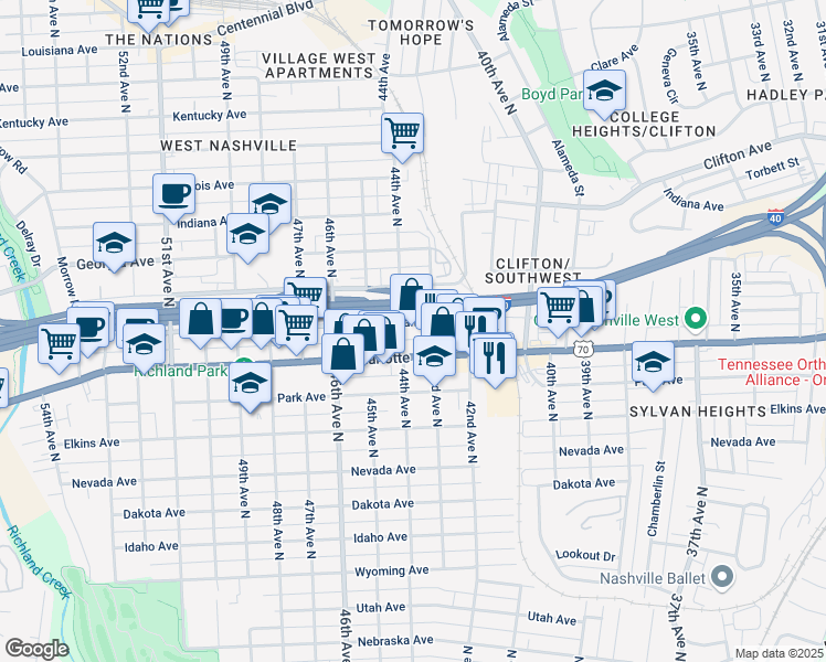 map of restaurants, bars, coffee shops, grocery stores, and more near 4307 Alabama Avenue in Nashville