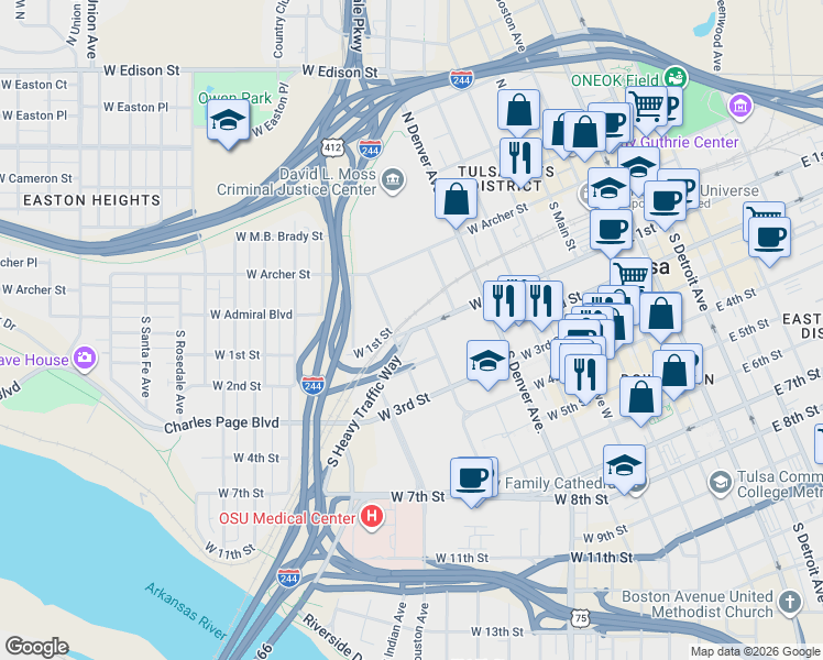 map of restaurants, bars, coffee shops, grocery stores, and more near 101 South Heavy Traffic Way in Tulsa