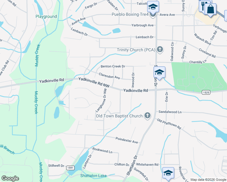map of restaurants, bars, coffee shops, grocery stores, and more near 4490 Bridalcreek West Northwest in Winston-Salem