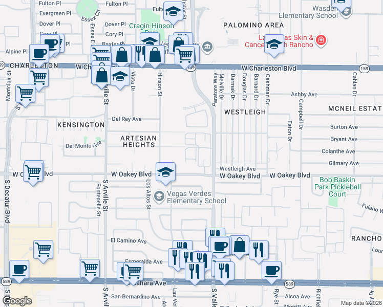 map of restaurants, bars, coffee shops, grocery stores, and more near 3900 West Oakey Boulevard in Las Vegas