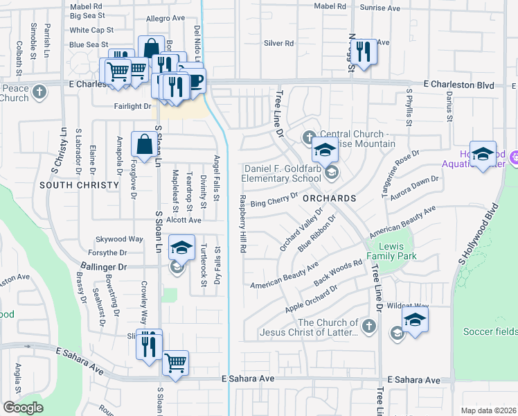 map of restaurants, bars, coffee shops, grocery stores, and more near 6057 Bing Cherry Drive in Las Vegas