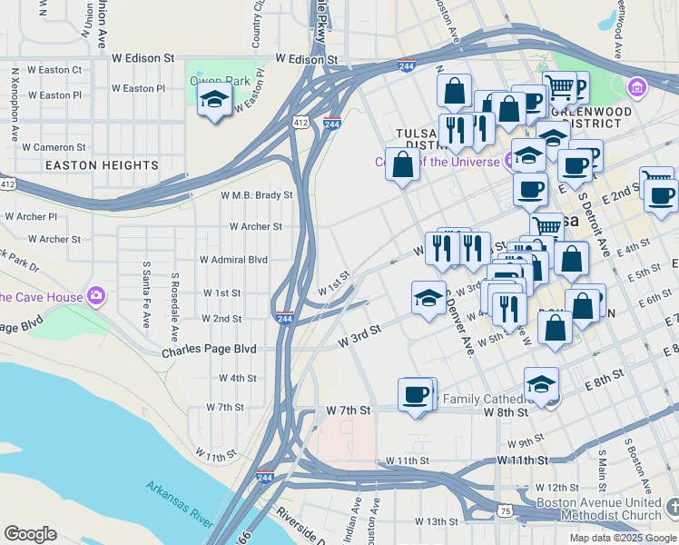map of restaurants, bars, coffee shops, grocery stores, and more near 10 North Guthrie Avenue in Tulsa