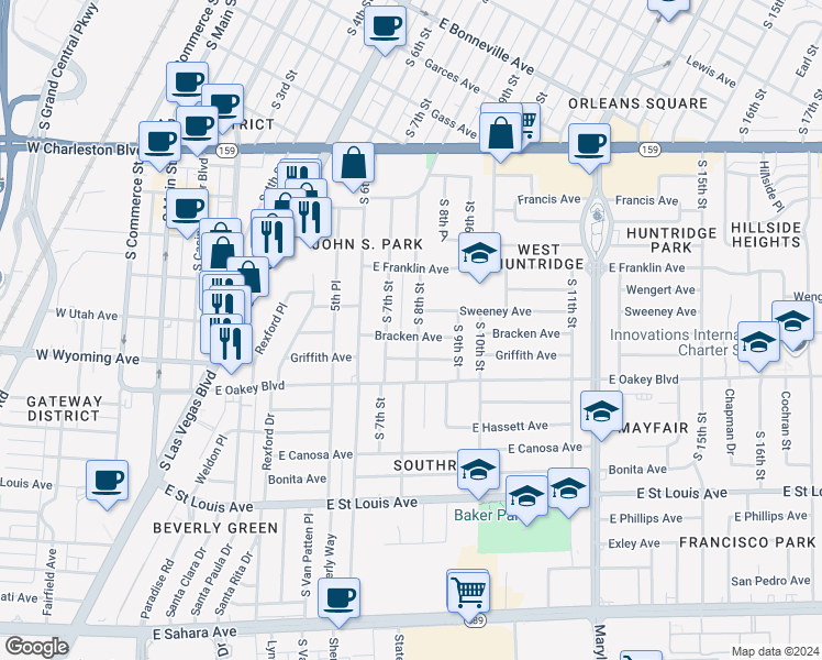 map of restaurants, bars, coffee shops, grocery stores, and more near 1420 South 8th Street in Las Vegas