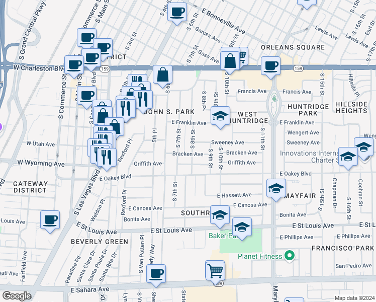 map of restaurants, bars, coffee shops, grocery stores, and more near 1420 South 8th Street in Las Vegas