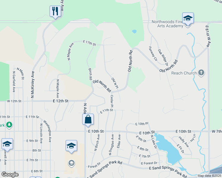 map of restaurants, bars, coffee shops, grocery stores, and more near 725 Old North Road in Sand Springs