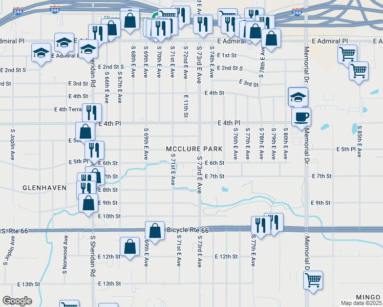 map of restaurants, bars, coffee shops, grocery stores, and more near 7132 East 5th Place in Tulsa