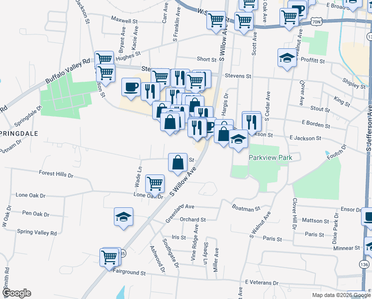 map of restaurants, bars, coffee shops, grocery stores, and more near 349 State Street in Cookeville