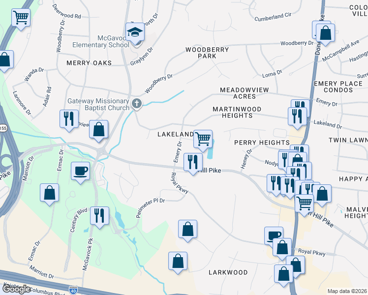 map of restaurants, bars, coffee shops, grocery stores, and more near 313 Emery Drive in Nashville