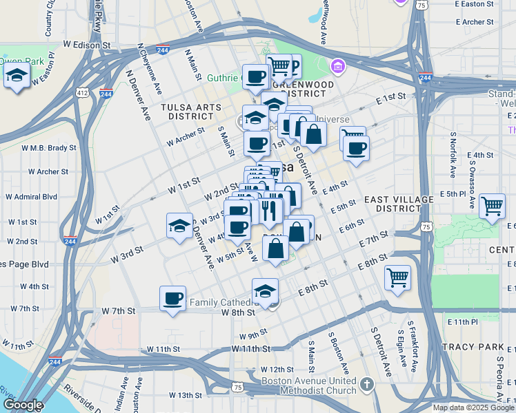 map of restaurants, bars, coffee shops, grocery stores, and more near in Tulsa