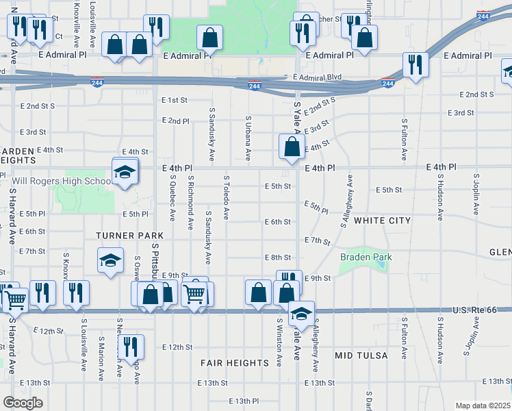 map of restaurants, bars, coffee shops, grocery stores, and more near 4544 East 5th Place in Tulsa