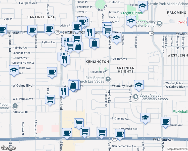 map of restaurants, bars, coffee shops, grocery stores, and more near 4600 Exposition Avenue in Las Vegas