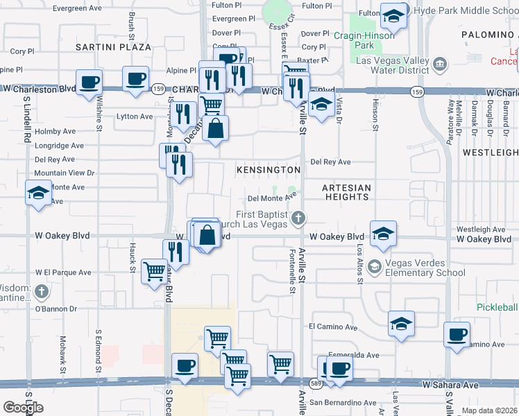 map of restaurants, bars, coffee shops, grocery stores, and more near 4600 Exposition Avenue in Las Vegas