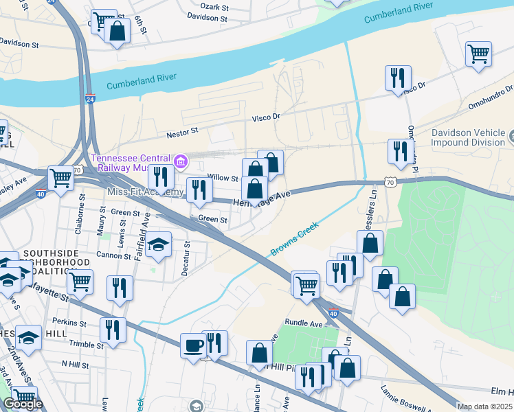 map of restaurants, bars, coffee shops, grocery stores, and more near 317 Hermitage Avenue in Nashville