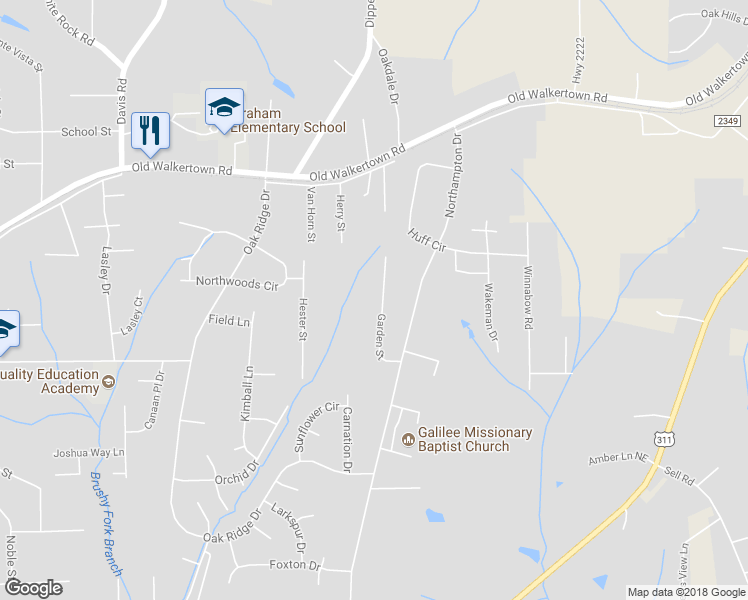 map of restaurants, bars, coffee shops, grocery stores, and more near 4222 Garden Street in Winston-Salem