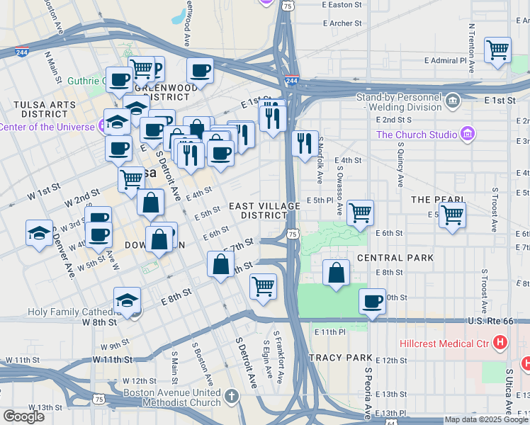 map of restaurants, bars, coffee shops, grocery stores, and more near 537 South Kenosha Avenue in Tulsa