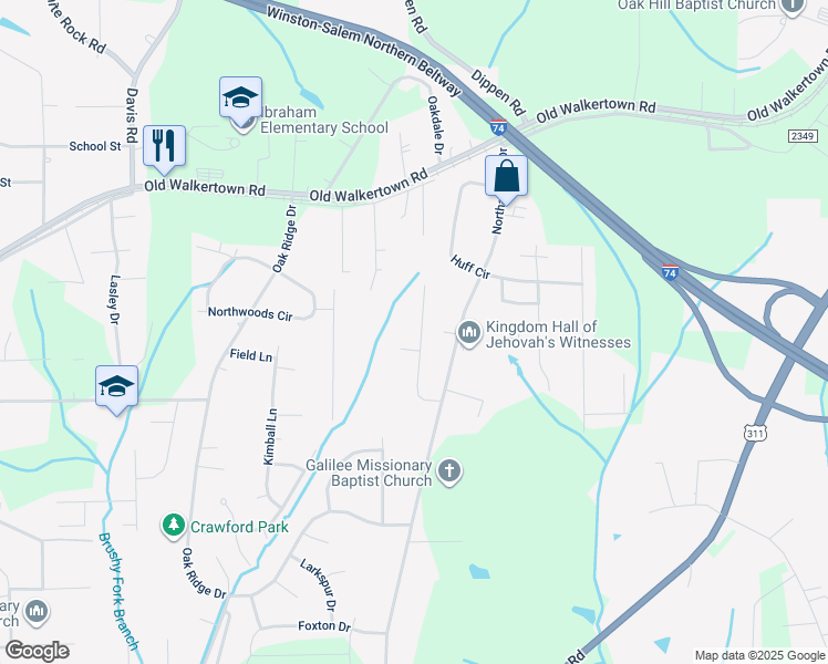 map of restaurants, bars, coffee shops, grocery stores, and more near 4222 Garden Street in Winston-Salem