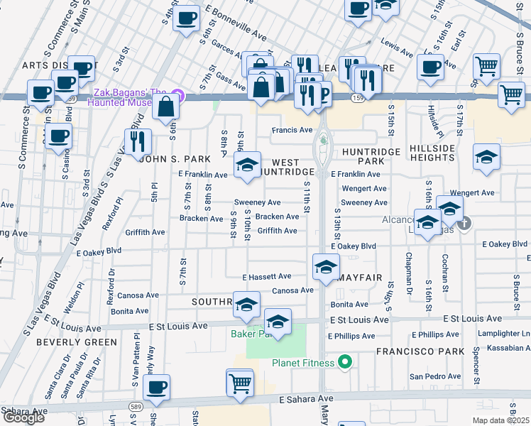 map of restaurants, bars, coffee shops, grocery stores, and more near 1021 Bracken Avenue in Las Vegas
