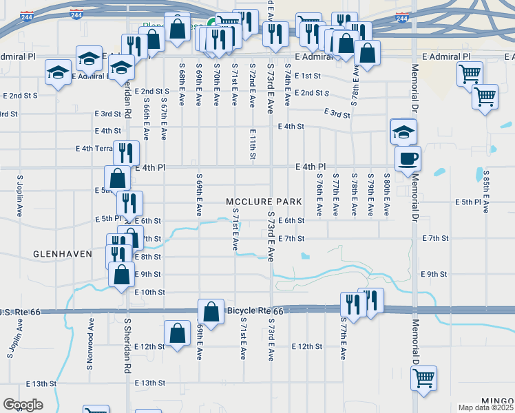 map of restaurants, bars, coffee shops, grocery stores, and more near 7132 East 5th Place in Tulsa