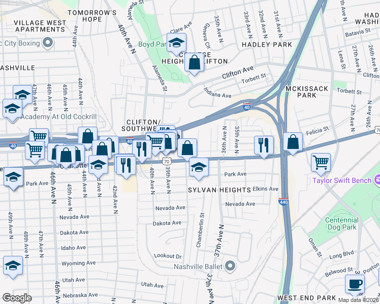 map of restaurants, bars, coffee shops, grocery stores, and more near 3800 Charlotte Avenue in Nashville