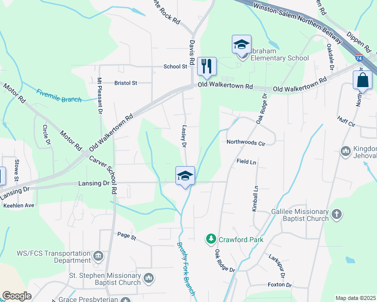 map of restaurants, bars, coffee shops, grocery stores, and more near 4529 Lasley Drive in Winston-Salem