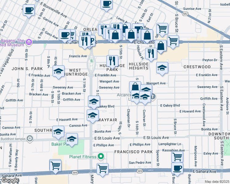 map of restaurants, bars, coffee shops, grocery stores, and more near 1425 Bracken Avenue in Las Vegas