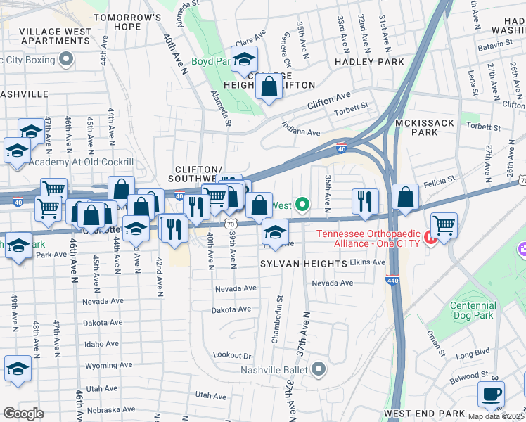 map of restaurants, bars, coffee shops, grocery stores, and more near 3800 Charlotte Avenue in Nashville