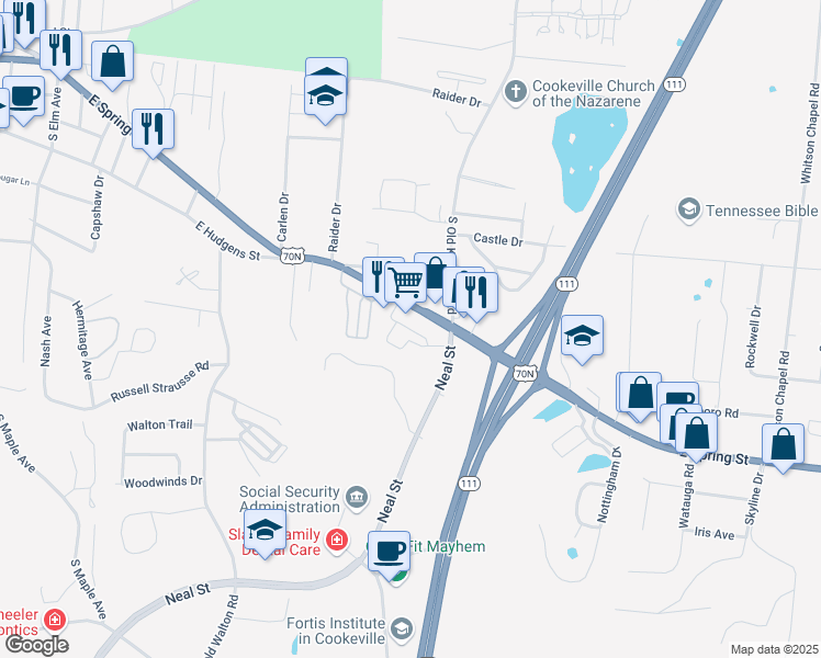 map of restaurants, bars, coffee shops, grocery stores, and more near 1245 East Spring Street in Cookeville