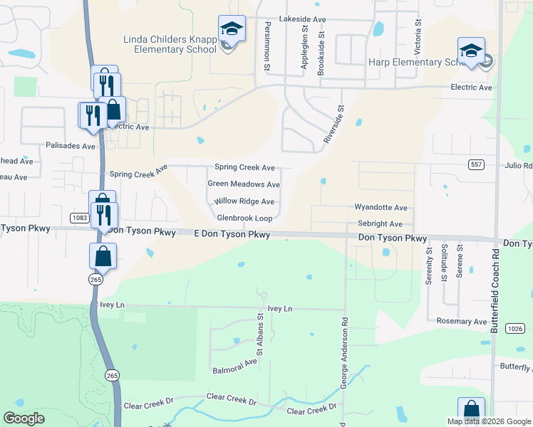 map of restaurants, bars, coffee shops, grocery stores, and more near 3725 Glenbrook Loop in Springdale