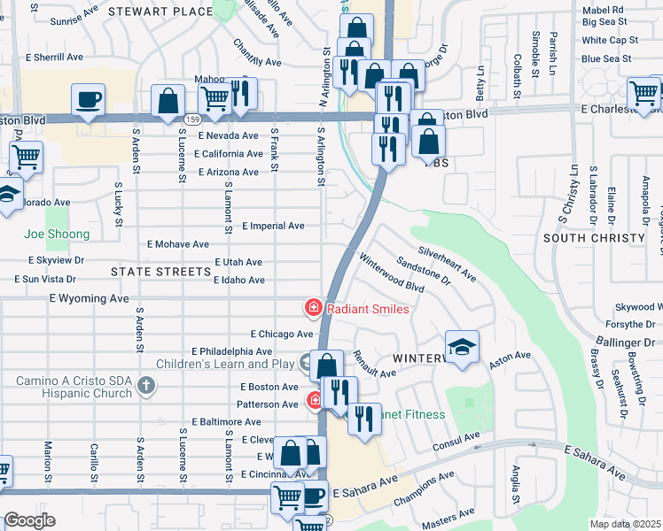 map of restaurants, bars, coffee shops, grocery stores, and more near 5025 East Mohave Avenue in Las Vegas