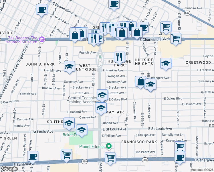 map of restaurants, bars, coffee shops, grocery stores, and more near 1305 Bracken Avenue in Las Vegas