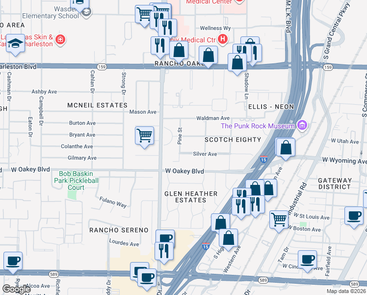 map of restaurants, bars, coffee shops, grocery stores, and more near 1540 Pine Street in Las Vegas