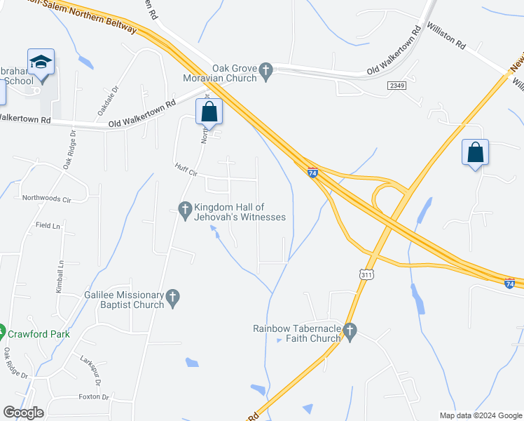map of restaurants, bars, coffee shops, grocery stores, and more near 4371 Winnabow Road in Winston-Salem