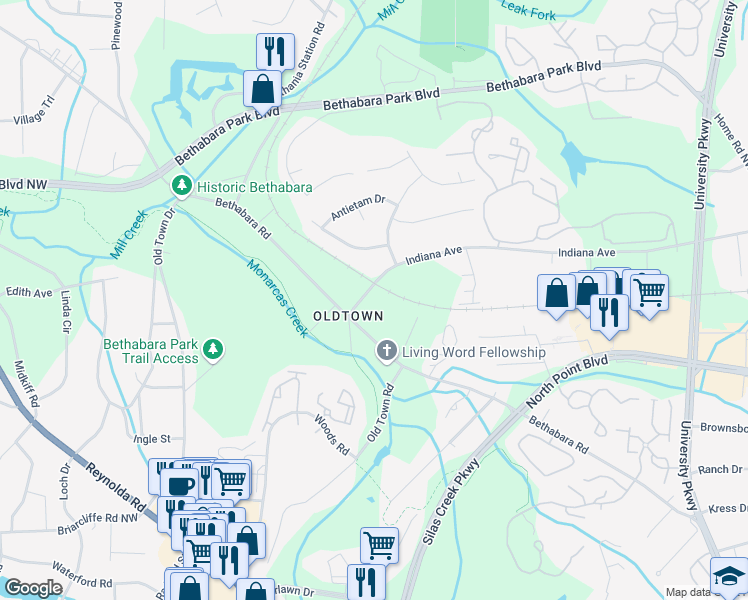 map of restaurants, bars, coffee shops, grocery stores, and more near 5790 Indiana Avenue in Winston-Salem