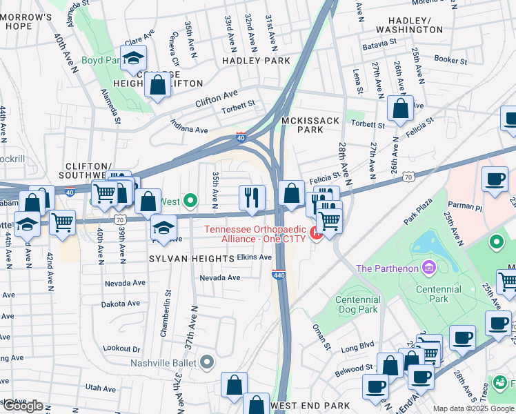 map of restaurants, bars, coffee shops, grocery stores, and more near 3302 Charlotte Avenue in Nashville
