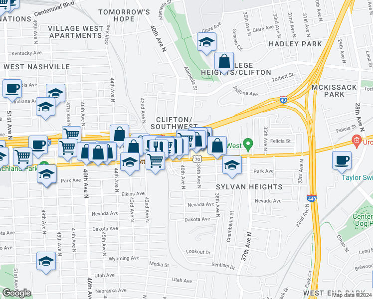 map of restaurants, bars, coffee shops, grocery stores, and more near 3900 Charlotte Avenue in Nashville